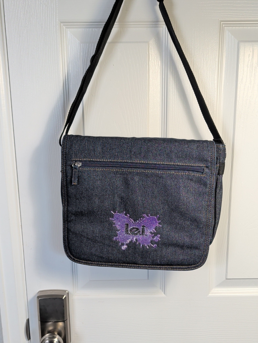 lei Denim-Style Black Crossbody Bag with Purple Butterfly Logo